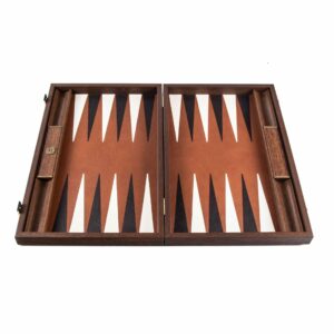 Backgammon en  bois et cuir brun couleur caramel 48 cm