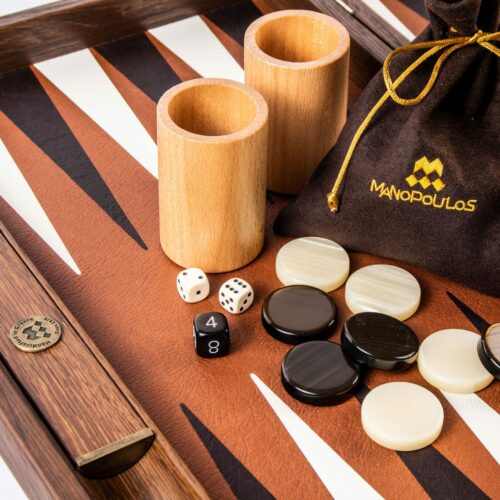 Backgammon en  bois et cuir brun couleur caramel 48 cm